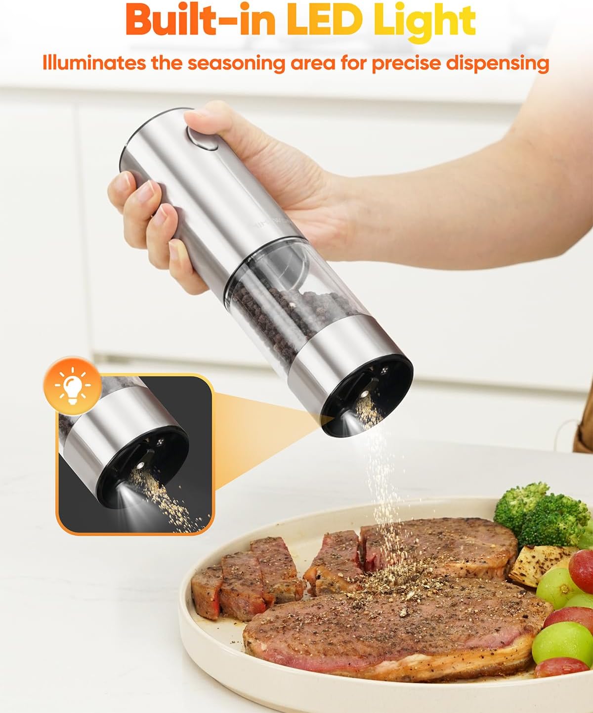 Electric Salt and Pepper Grinder Set Rechargeable, Automatic Salt and Pepper Grinder Set for Kitchen, USB Charging Base & LED Light, Adjustable Coarseness, Stainless Steel