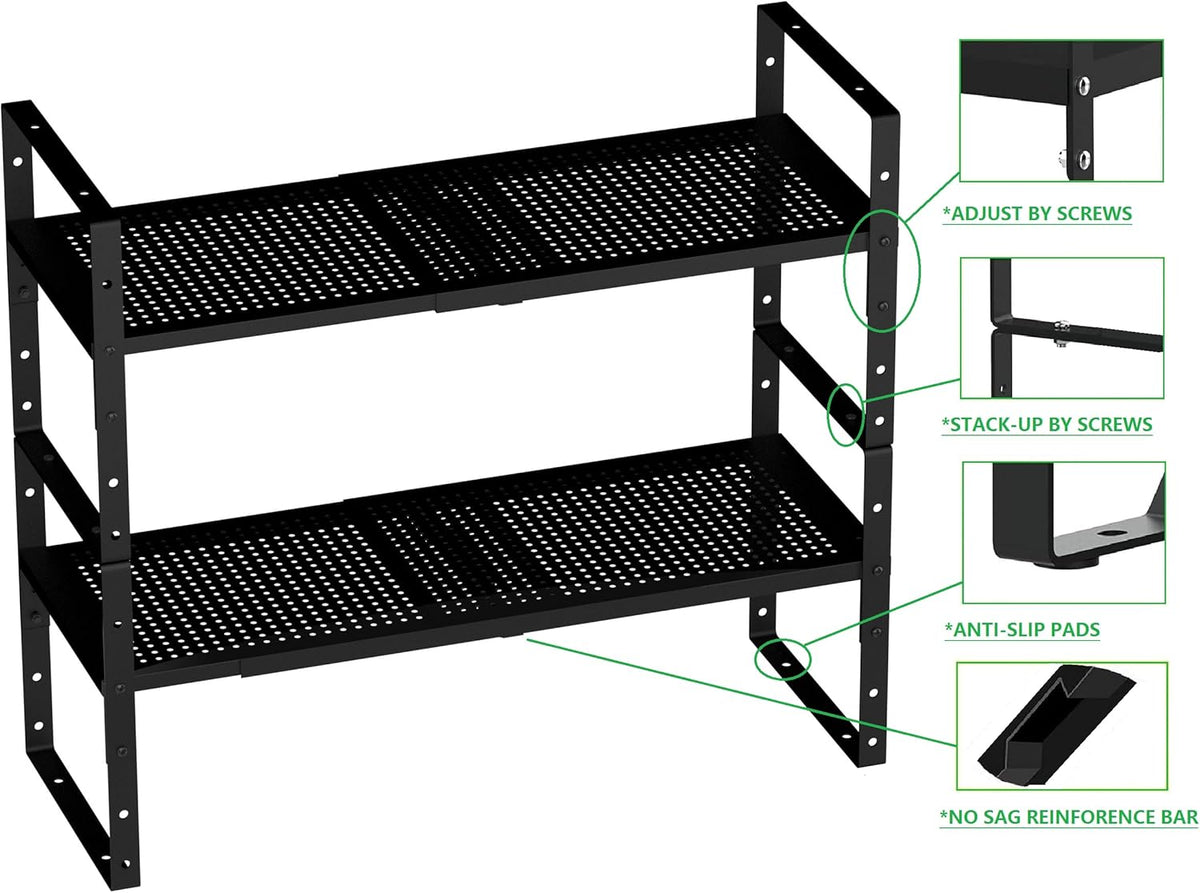 Expandable Shoe Rack Stackable Metal Pantry Storage Shelves Stand Adjustable Height Cabinet Shelf Organizer Racks Spice Shelving(1PACK/BLACK,MEDIUM)