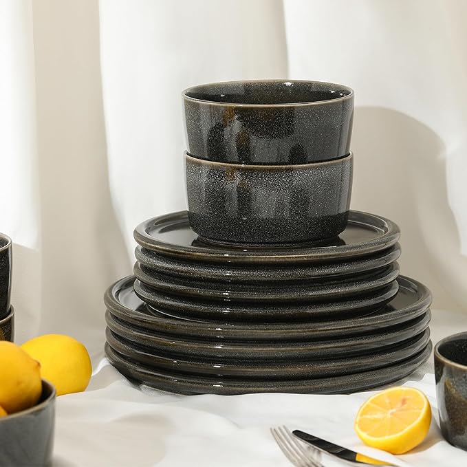 Stone Lain Eden 12-Piece Dinnerware Set Stoneware, Plates and Bowls Set, Dishwasher and Microwave Safe Dish, Dish Set for 4, Charcoal Grey