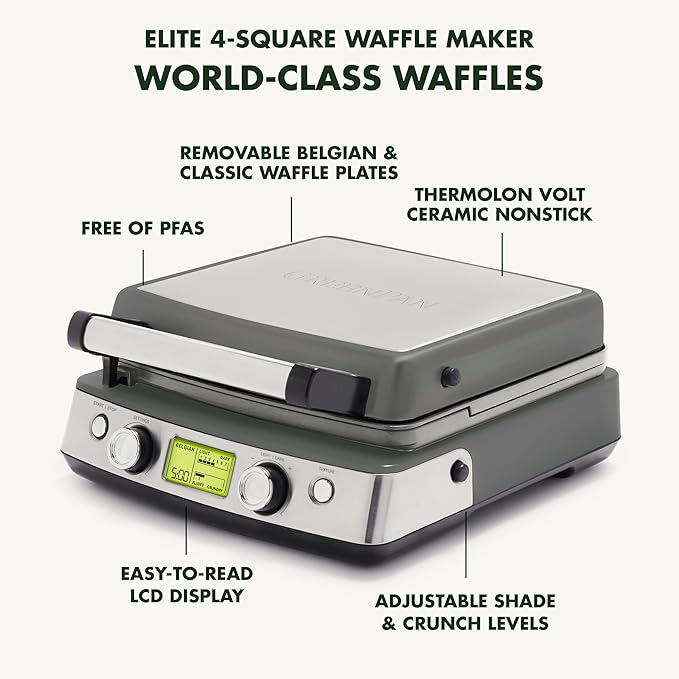 GreenPan Elite 4-Square Belgian & Classic Waffle Maker,Healthy Ceramic Nonstick Dishwasher Safe Plate, Adjustable Shade/Crunch Control, Wont Overflow, Easy Clean, Breakfast,PFAS-Free,Graphite