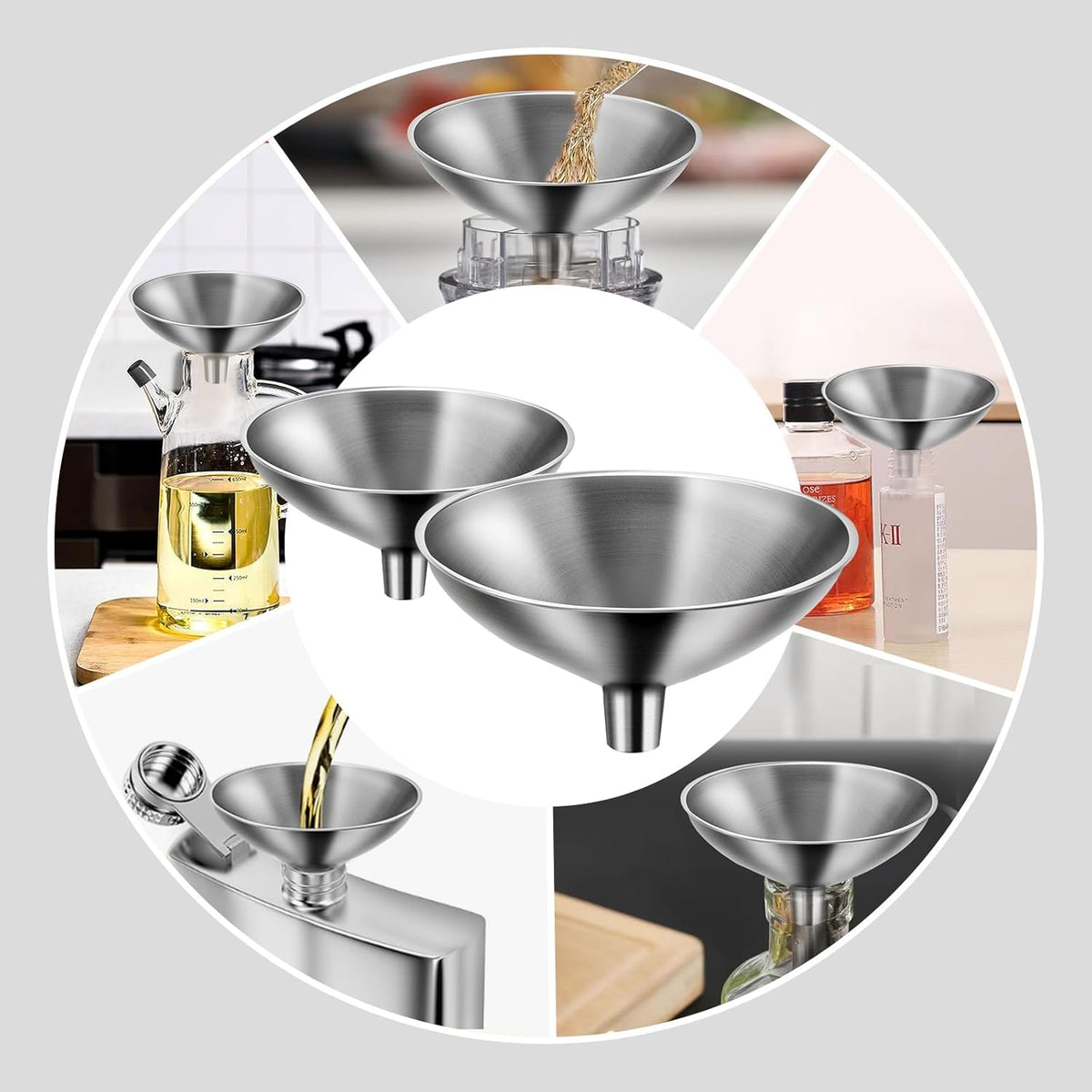 2 Piece Small Stainless Steel Filling Mini Funnel, Flask Funnel, Large for Kitchen, Small for Flask, Essential Oil Delivery