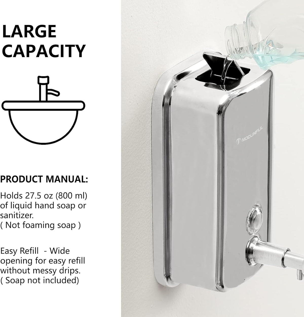 modunful Stainless Steel Soap Dispenser – 27oz Wall Mounted for Family Use, Brushed Nickel, Leak-Proof Pump, Durable Design for Busy Households
