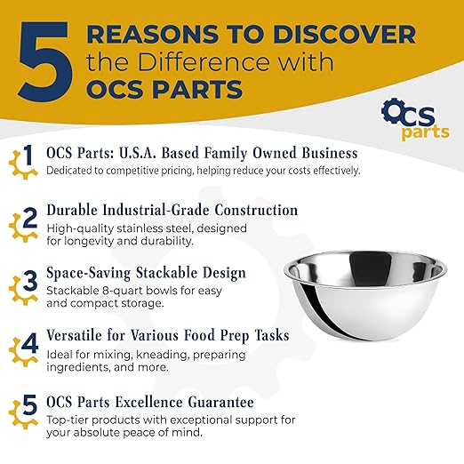 OCS Parts 8 Quart Mixing Bowl | 13.25-Inch Stainless Steel Professional Grade Flat Base Mixing Bowls for Home and Commercial Kitchens