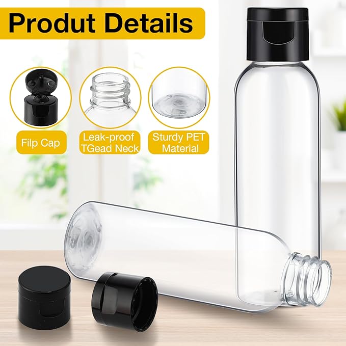 Zhehao 200 Pcs 2 oz Clear Plastic Empty Bottles Small Travel Size Bottles with Flip Cap Empty Transparent Dispenser Container for Liquids Toiletries Shampoo Lotion(Black Cap)