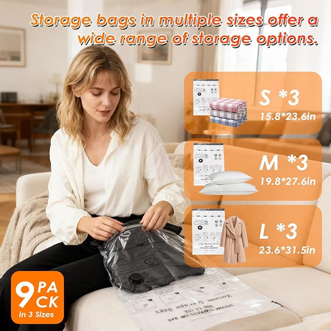 Fohil 9 Pack Vacuum Seal Bags with Electric Pump, Compression Packing Bag for Suitcase Luggage, Vacuum Seal Bag for Clothing Space Saver Bags for Clothes, Blanket, Duvets, Pillows