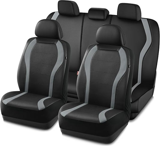 PIC AUTO Leather Car Seat Covers, Premium Automotive Waterproof Front & Rear Full Set Bucket Car Seat Protectors, Black and Gray PVC Patchwork, Fits for Cars, Trucks, Van, SUV, Airbag Compatible