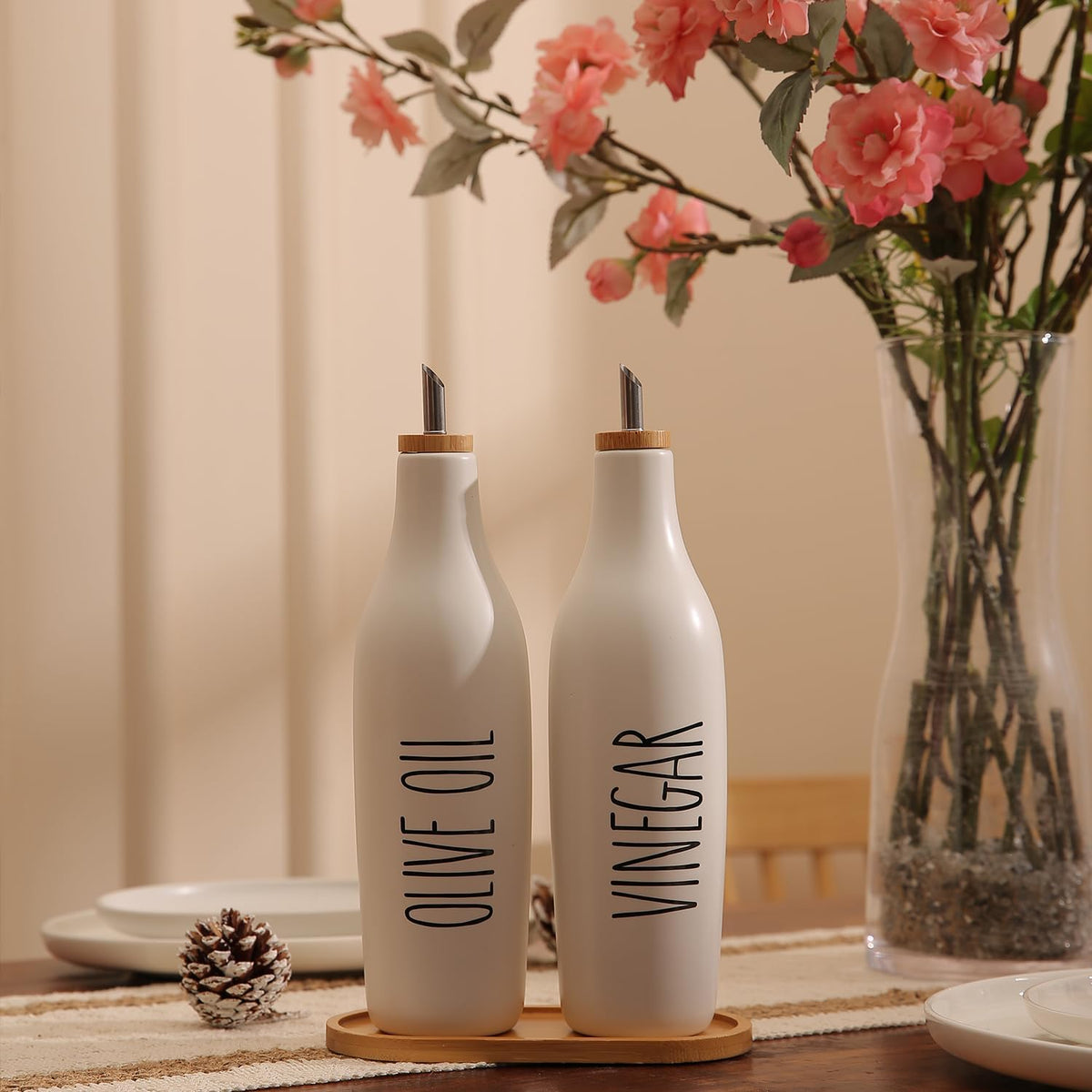 HOMCDALY Olive Oil and Vinegar Dispenser Set, 16oz Ceramic Oil Dispenser for Kitchen, Kitchen Dispenser Bottle for EVOO Vinegar Syrups, Modern Farmhouse Design | Set of 2 – P-White