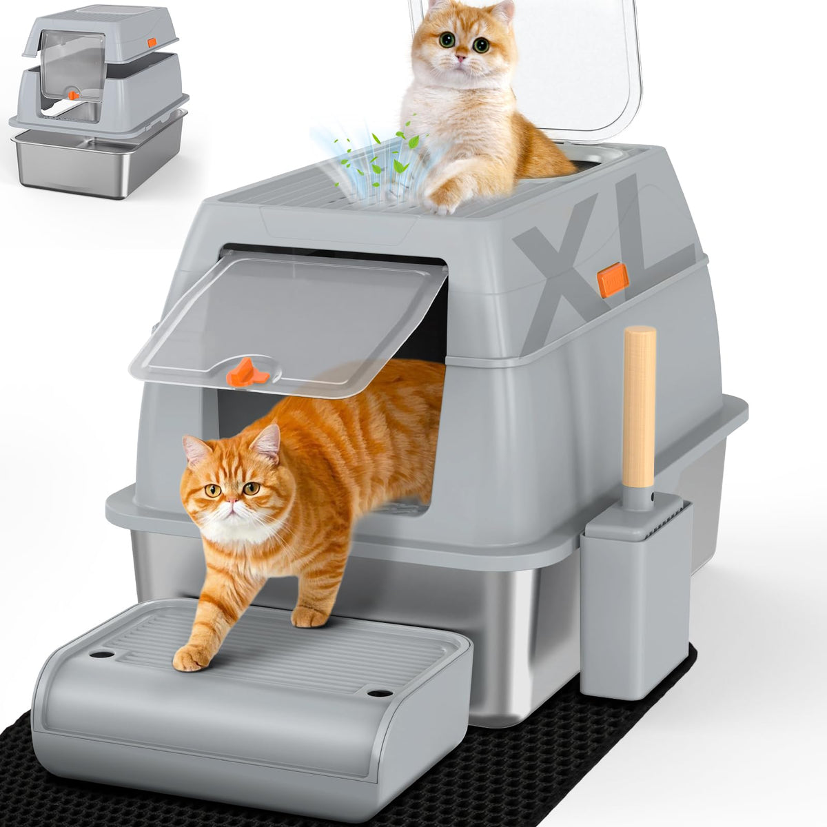 SZEE XL Stainless Steel Litter Box with Lid, Grey