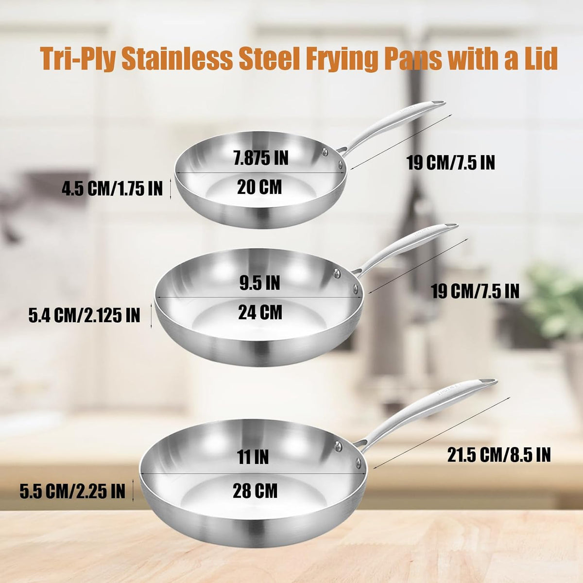 Inqibee Tri-Ply Stainless Steel Frying Pan Set of 3 with Lid,Skillets,Induction Cooking Pans Set,Riveted Handle,Eevn Heating and Oven Safe,8-9.5-11 Inch
