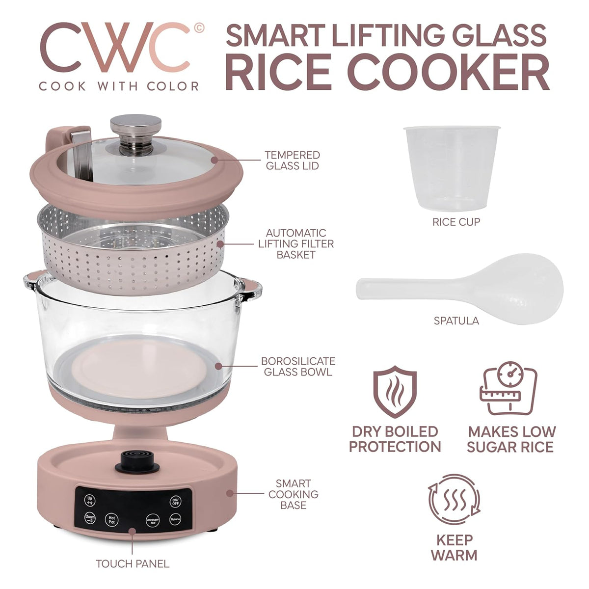COOK WITH COLOR 3L Glass Low Carb Rice Cooker - Makes 6 Cups Cooked Low Sugar Rice with Auto Lift Filter Basket, Hotpot & Steamer for Rice, Grains and Oats, Digital Panel with Keep Warm, Blush