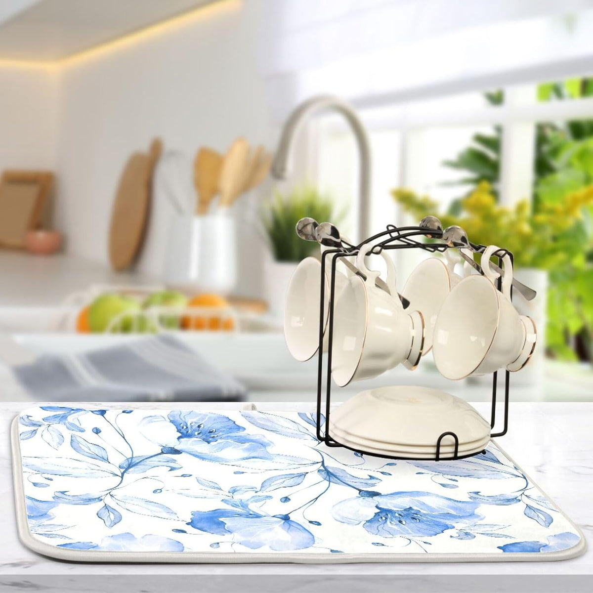 Spring Blue Flowers Leaves Dish Drying Mat for Kitchen Counter Absorbent Microfiber Drying Pad, Medium 16x18 in, Reversible Drainer Mats