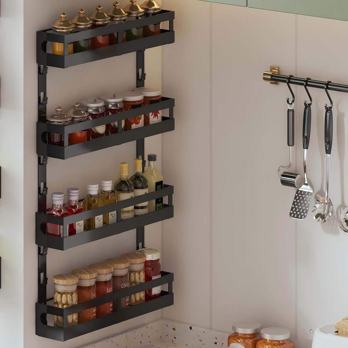 4-Tier Small Wall Mounted Spice Rack Organizer, Hanging Spice Shelf for Cabinet or Pantry, Height-Adjustable Seasoning Holder for Kitchen Storage, Black
