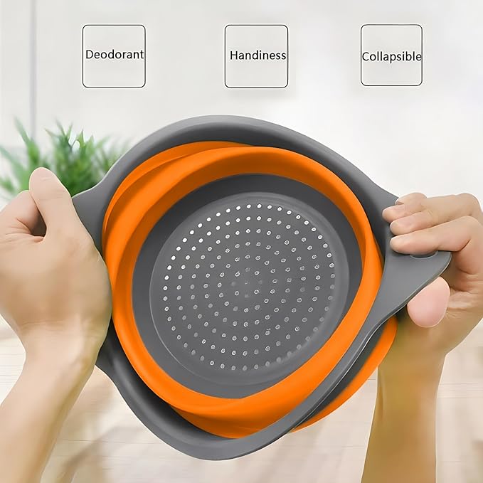 Silicone Colander Collapsible Strainers Set for Kitchen- 2 Pack (3Qt, 4Qt) -Over Home Draining Basket, Food Vegetables & Fruits-Dishwasher Safe, Space Saving Design (Orange)