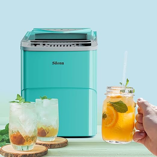 Silonn Ice Makers Countertop, 9 Cubes Ready in 6 Mins, 26lbs in 24Hrs, Self-Cleaning Ice Machine with Ice Scoop and Basket, 2 Sizes of Bullet Ice for Home Kitchen Office Bar Party, Green