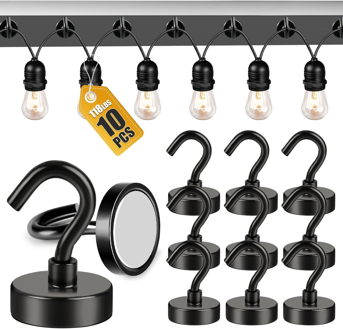 DIYMAG Outdoor Hooks for Hanging String Lights, Balck Magnetic Hooks Strong 118lbs+ Hanging Party Light Wall Cable for Outside Cruise Cabin Refrigerator Fridge Grills Must Have 10PCS