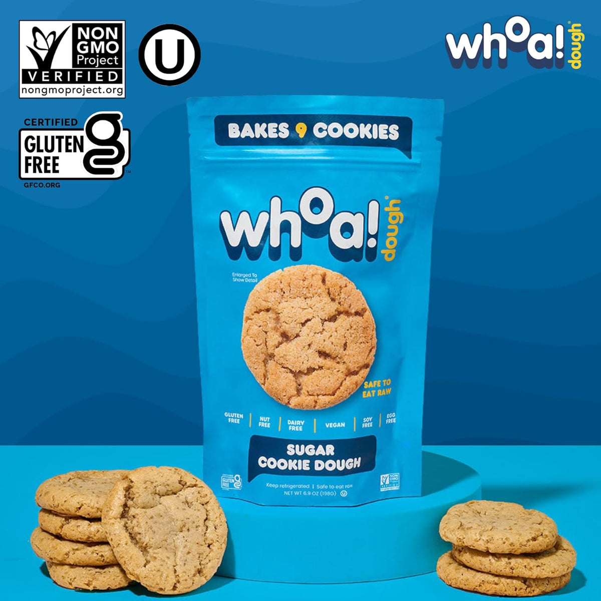 Whoa Dough Ready to Bake Cookie Dough Sugar Cookie – Certified Non-GMO, Kosher, Gluten Free – Plant-Based Snack Dough Made with Real Ingredients – 6 Pack