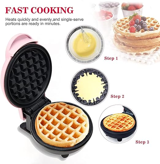Mini Maker Waffle Maker 5“ Non-Stick Waffler Iron Stuffler Stuffed Wafflera Adjustable Browning Control, Heart, Pink