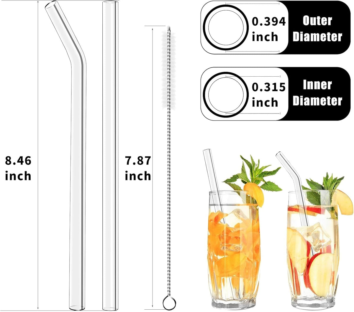 Lazycorner Reusable Glass Straws Set 16 Pcs 8.5''x 10MM Bent Clear Glass Drinking Straws, Set of 16 Bent with 4 Cleaning Brushes. Reusable Straws Perfect For Smoothies, Tea, Juice-Clear Cocktail.