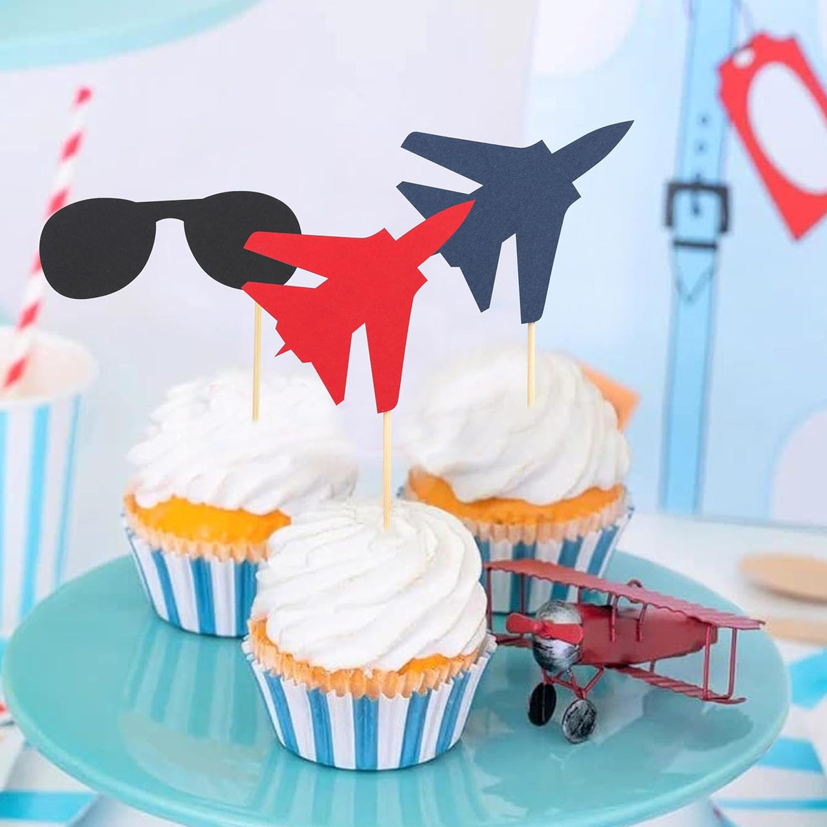 Fighter Party Cupcake Topper - Airplanethemed Birthday Party Decorations,Military Graduation, Jet Banner, Pilot Retirement,Top One Theme Cake Toppers (cake toppers)