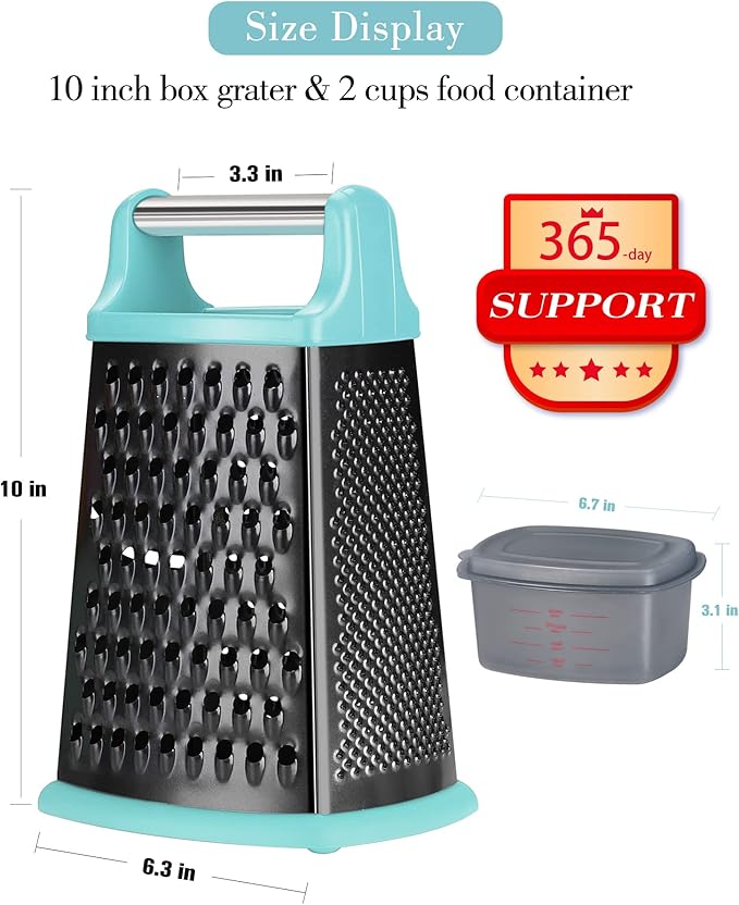 Ourokhome Cheese Grater with Handle, Stainless Steel Box Grater, 4 Side Kitchen Vegetable Shredder Slicer Zester with Container for Parmesan, Cabbage, Ginger, Lemon, Chocolate, Coconut (Teal black)