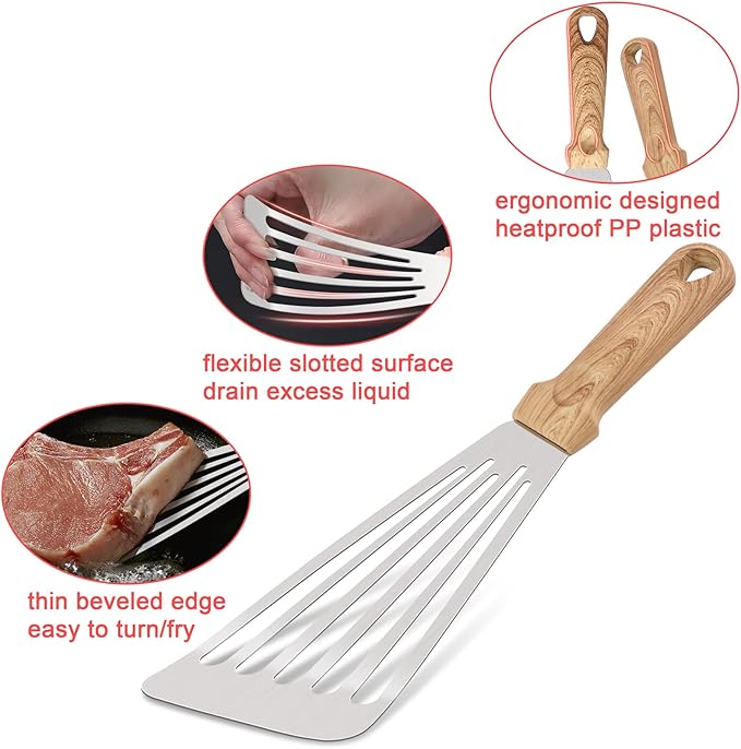 12.5In Fish Spatula, HaSteeL Stainless Steel Slotted Turner with Plastic Handle, Heavy Duty Metal Griddle Spatula for Grilling Cooking Baking Flipping Frying, Easy to Clean & Beveled Edge - 2Pcs