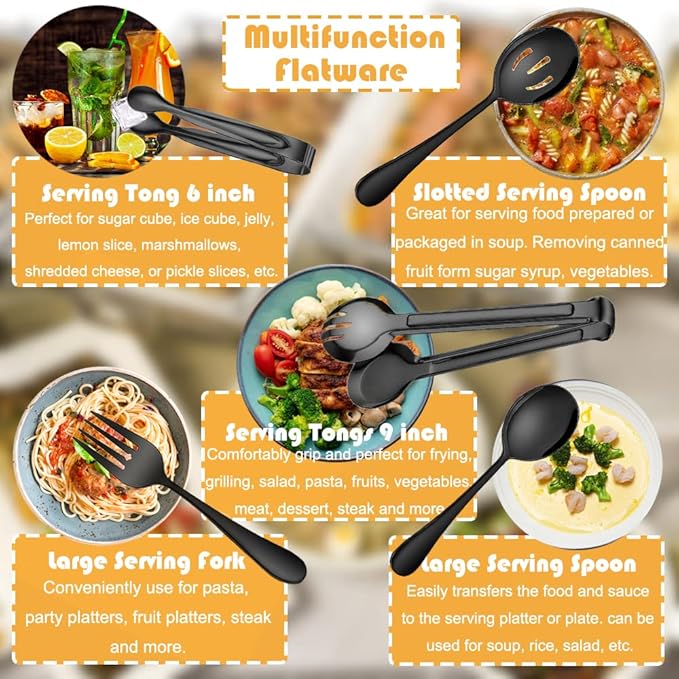 12 PCS Stainless Steel Serving Utensils - Large and Slotted Spoons, Forks, Tongs Bundle, Perfect for Buffet Catering and Parties, Black