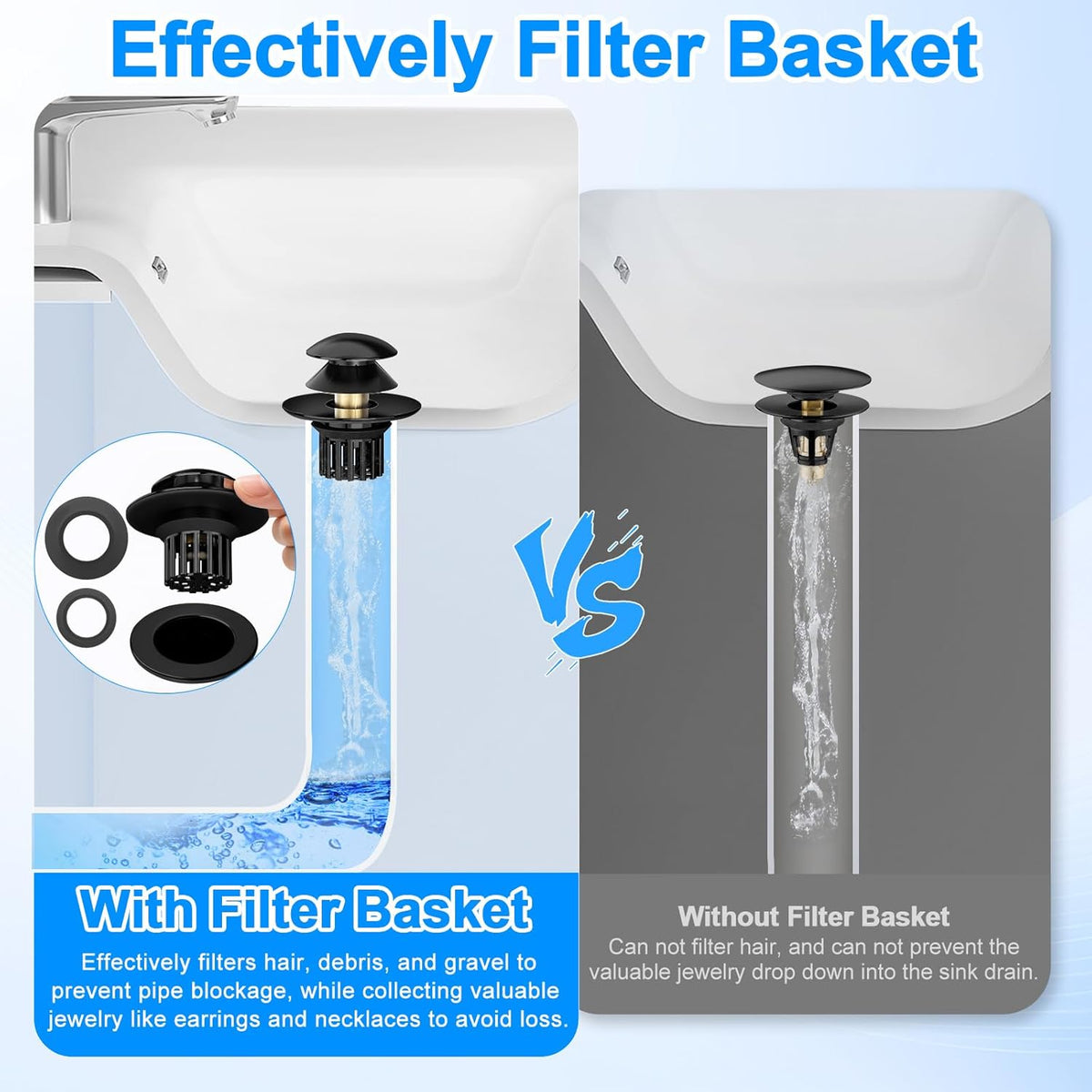 Universal 4 in 1 Bathroom Sink Drain Strainer with Removable Filter Basket, Pop Up Pure Copper Bathroom Sink Stopper, Anti-Clogging Bathroom Drain Stopper Sink Plug Black
