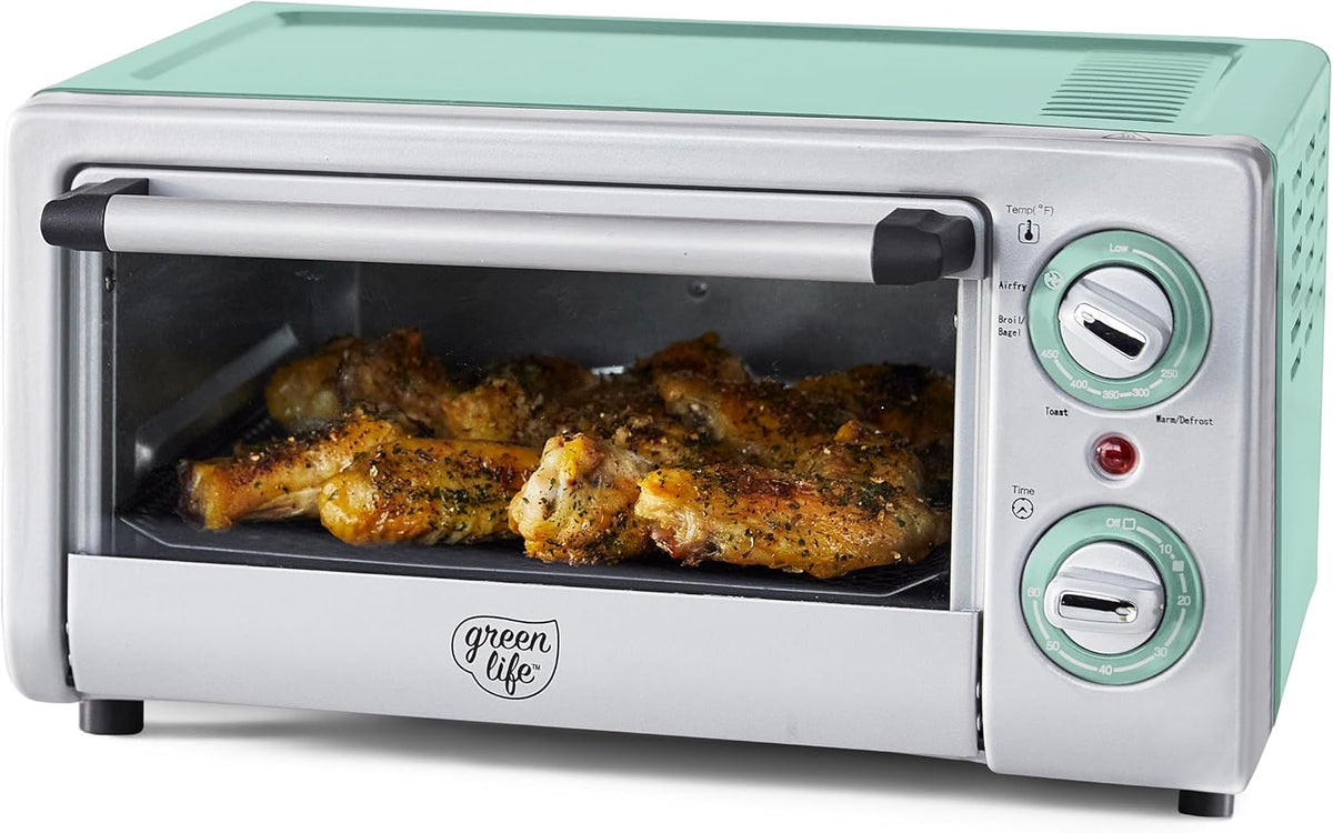 GreenLife Countertop Toaster Oven Air Fryer Stainless Steel, Healthy Ceramic Nonstick, PFAS and PFOA-Free, Tray & Basket, Bake, Broil, Reheat, Adjustable Temp & Time Control, Auto Shutoff, Turquoise
