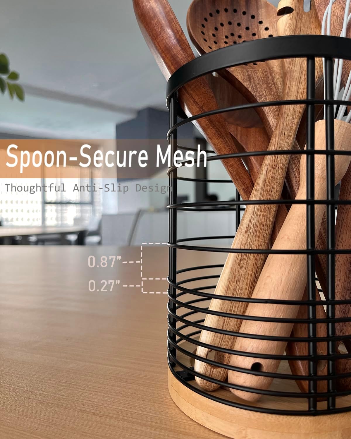 Utensil Holder with Removable Dividers, 7.2'' Large Capacity Kitchen Utensil Holder with Bamboo Base & Iron Mesh, Anti-Tip Design, 4 Partitions Utensils Holder Counter, Matte Black