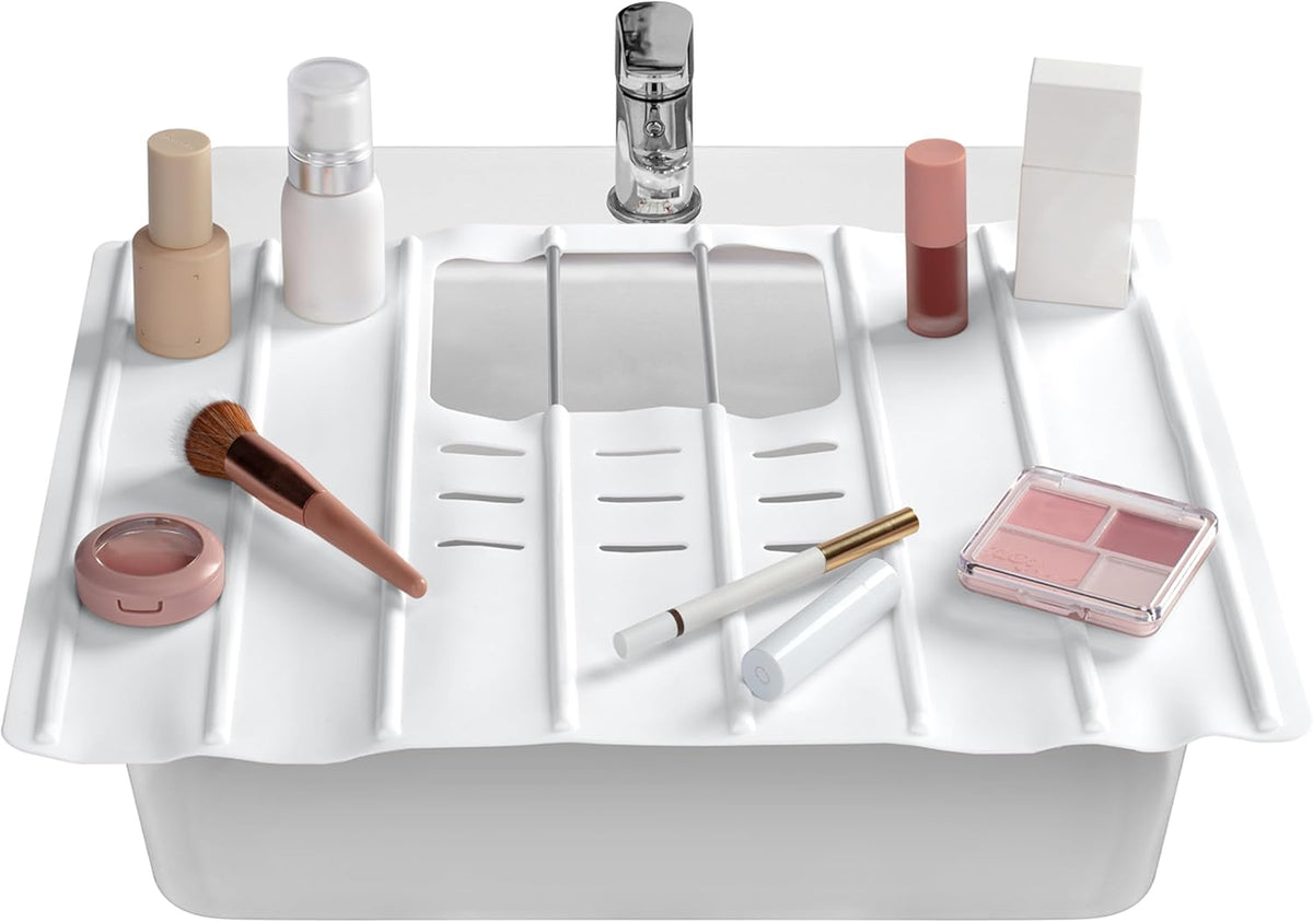 Maplefield Travel Size Bathroom Sink Cover for Counter Space - Foldable Silicone Sink Mat for Beauty Routine, Ideal for Small Bathroom, RVs, Camper Vans (White Small, 19.5 x 15.5 x 1.6 Inches)