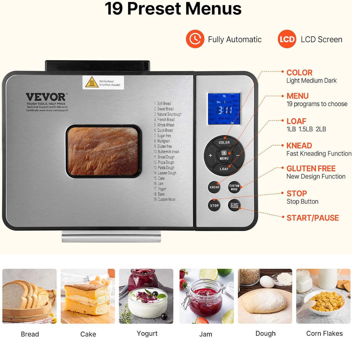 VEVOR Bread Maker, 19-in-1 2LB Dough Machine, Nonstick Ceramic Pan Automatic Breadmaker with Gluten Free Setting, Whole Wheat Bread Making, Digital, Programmable, 3 Loaf Sizes, 3 Crust Colors