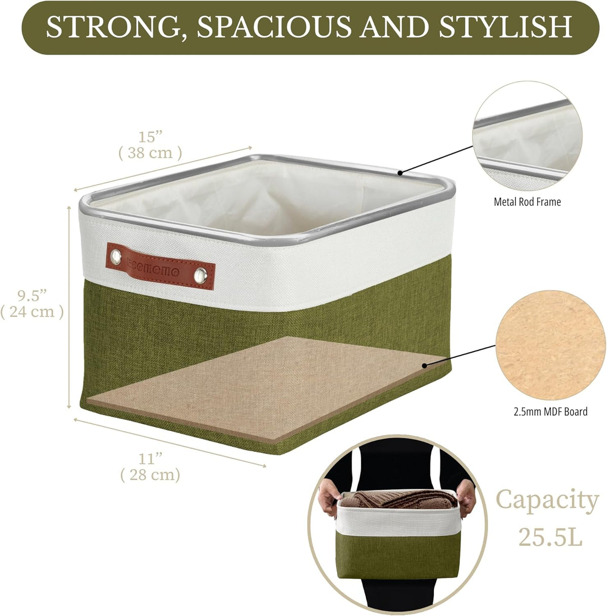 DECOMOMO Fabric Storage Bins - Storage Baskets for Shelves, Linen Closet Organization (Olive Green & White, Large - 3 Pack)