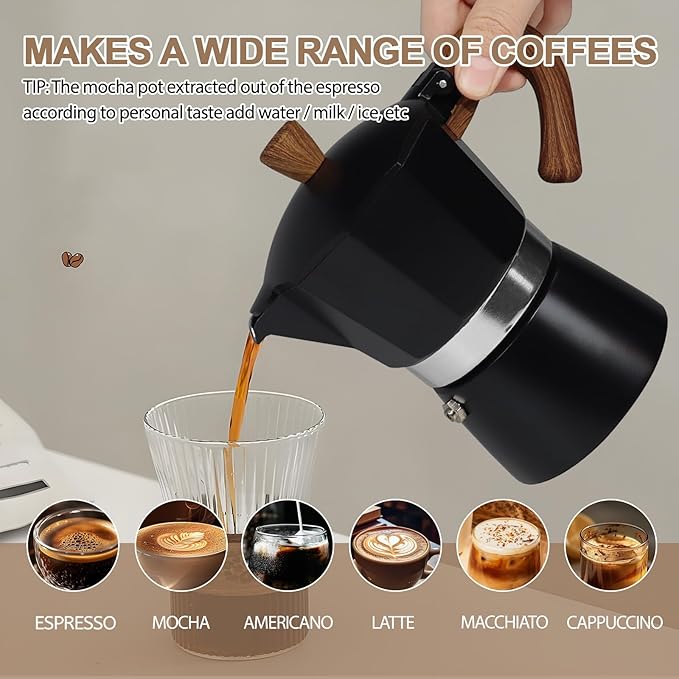 Aluminum 6 Cup 300ml Moka Pot Express Coffee Maker Stovetop Espresso Colorful Coffeemaker Italian Classic Style Brewing Greca Cafe Mocha Machine for Cafeteras Lover Camping Travel and Home Use 10oz