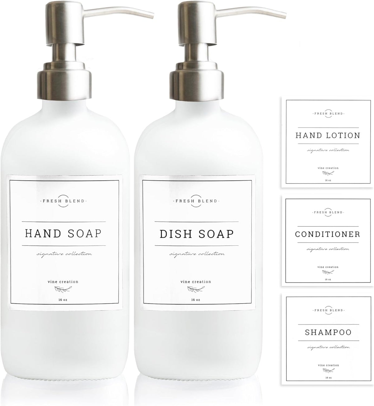 Vine Creations White Glass Soap Dispenser, 2 Pack Kitchen Soap Dispenser Set with Stainless Steel Pump, 16 oz Dish Soap and Hand Soap Dispensers for Bathroom with Waterproof Labels