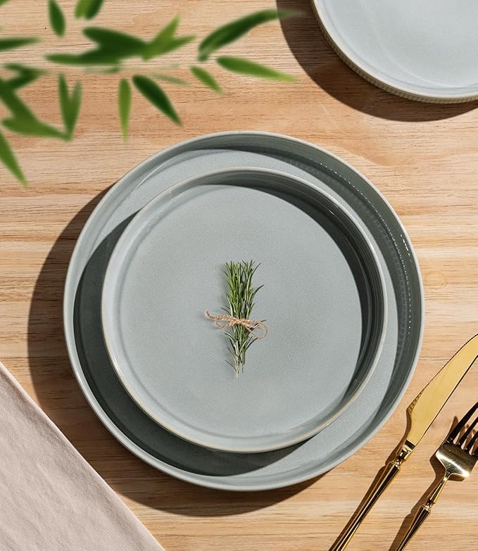 TheTerra Ceramic Dinnerware Sets for 8, 24 Pieces Porcelain Lightweight Plates and Bowls Sets, Scratch Resistant Dish Set, Oven & Microwave & Dishwasher Safe, Desert Sage