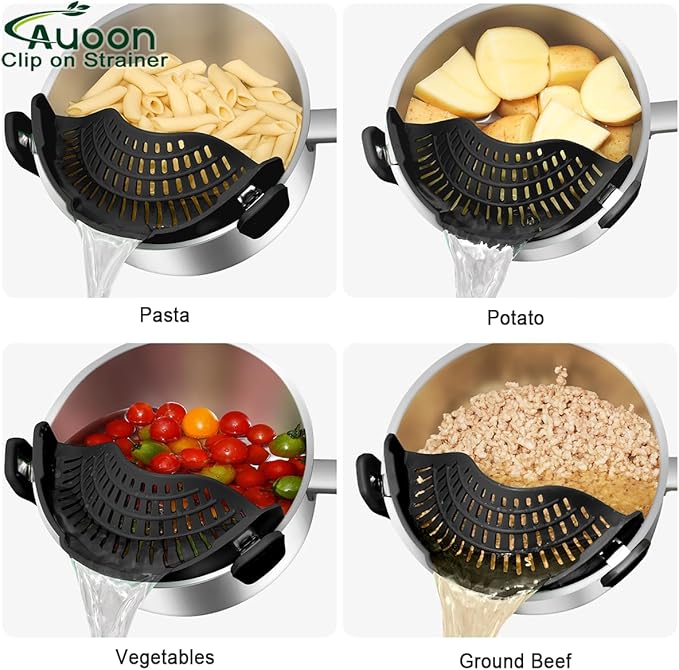 Large AUOON Clip on Strainer for All Pots and Pans - Oversized Silicone Pot Strainer Family-Style Design Pasta Strainer Kitchen Colander for Spaghetti and Noodles | Dishwasher Safe