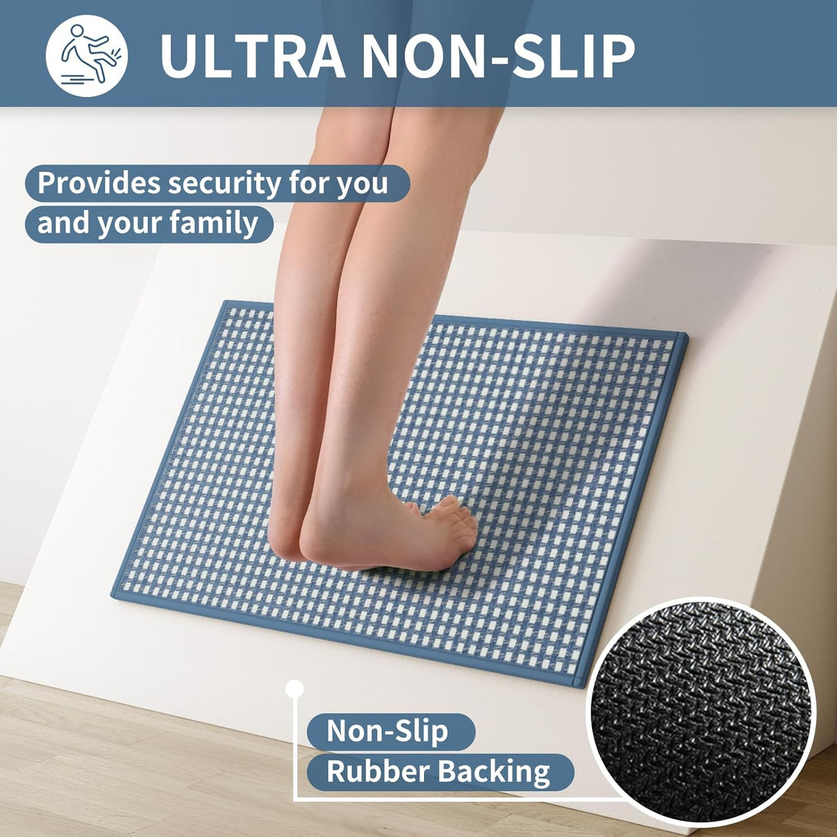 Long Kitchen Runner Rugs Kitchen Mat Non Slip Washable, Super Absorbent Soft Chenille Braided Kitchen Mats for Floor, Rubber Backing Kitchen Floor Sink Standing Mat, Easy Clean, Blue 17"x71"