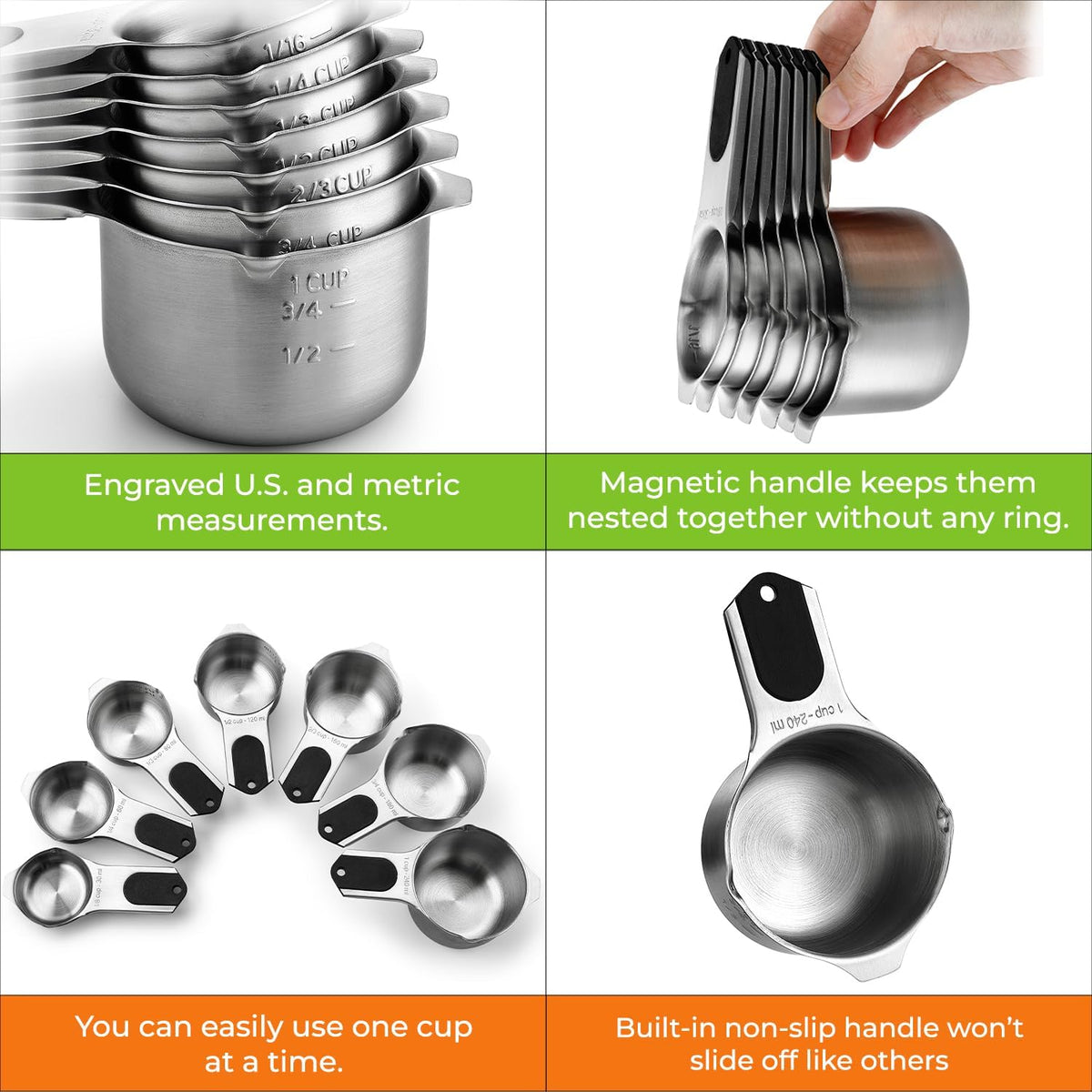 Spring Chef Magnetic Stainless Steel Measuring Cups, Patented, Kitchen Tools with Easy to Read Markings for Measuring Dry or Liquid Ingredients, Set of 7, Black