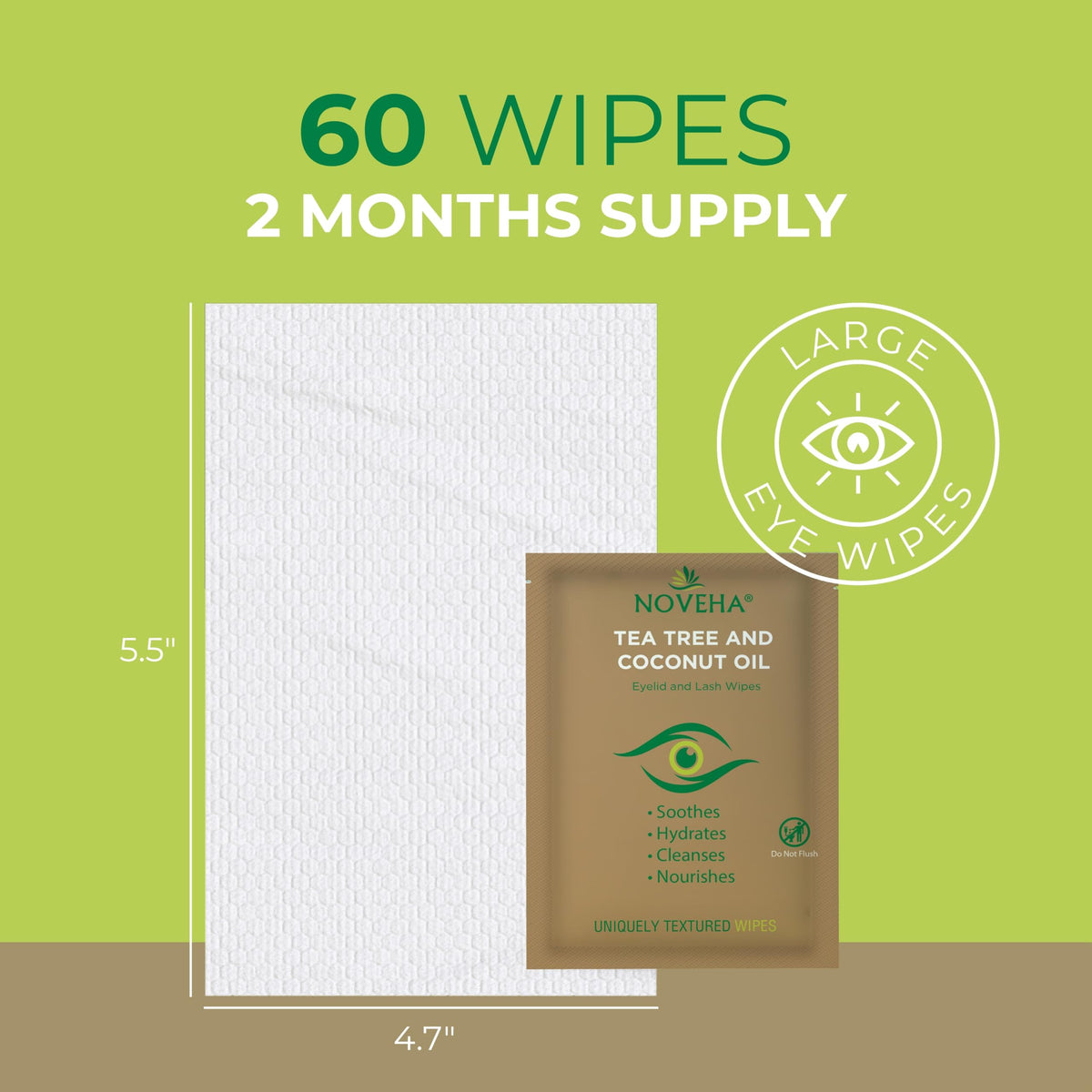 NOVEHA 60PCs Tea Tree & Coconut Oil Eyelid & Lash Wipes - For Demodex, Blepharitis & Itchy Eyes, Individually Wrapped Eyelash Wipes With Aloe Vera, Natural Makeup Remover & Daily Eye Cleanser