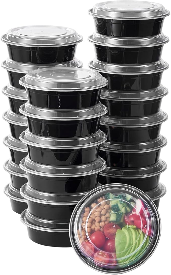 24 oz 150 ct Round Meal Prep Food Storage Containers with Lids To Go Plastic Lunch Plan Box Disposable Take Out Bowls Black BPA Free Durable Stackable Microwave Freezer Safe (Formerly FULING)