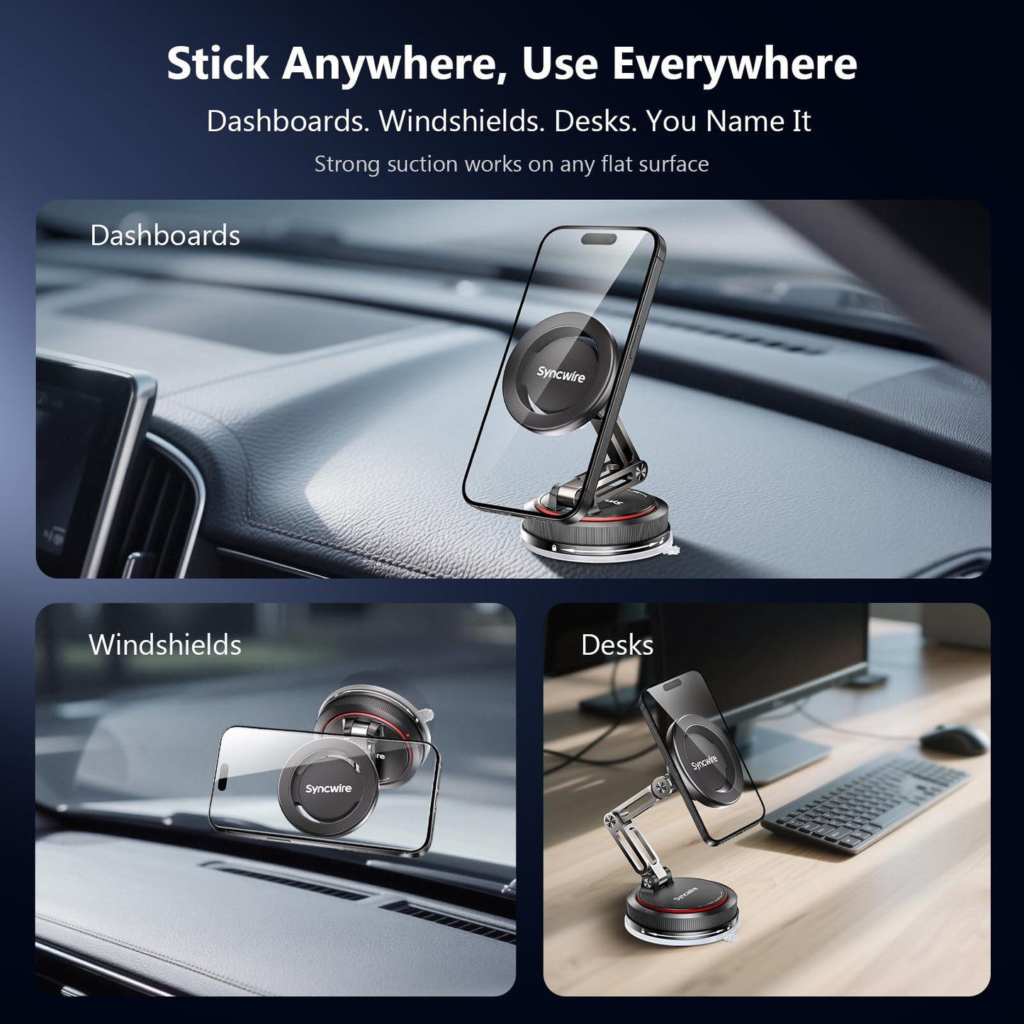 SYNCWIRE for MagSafe Car Mount [3-Axis] Nano Adhesive Gel + Strong Suction Cup Magnetic Phone Holder for Dashboard & Windshield, 360° Adjustable for iPhone 17 16 15 14 13 12, Samsung, Matte Black