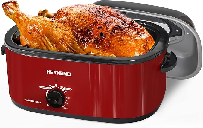 26QT Electric Roaster Oven, Electric Turkey Roaster with Viewing & Self-basting Lid, Stainless Steel Turkey Roaster Oven, RED