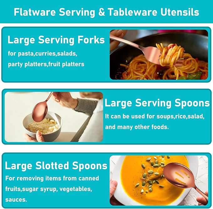 Serving Utensils, 15 Pcs Stainless Steel Large Flatware Serving Tools Kit, Included Spoons, Forks, Tongs, Slotted Spoon, Ladle, Cake Server for Catering Banquet Wedding Buffet Party, Rose Gold
