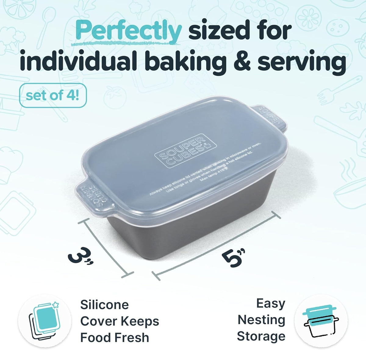 Souper Cubes Stoneware - Small Ceramic 5" x 3" Baking Dish with Silicone Covers, Small Baking Dishes for Oven Perfect for Reheating Single Serve Portions, Set of 4 - Charcoal