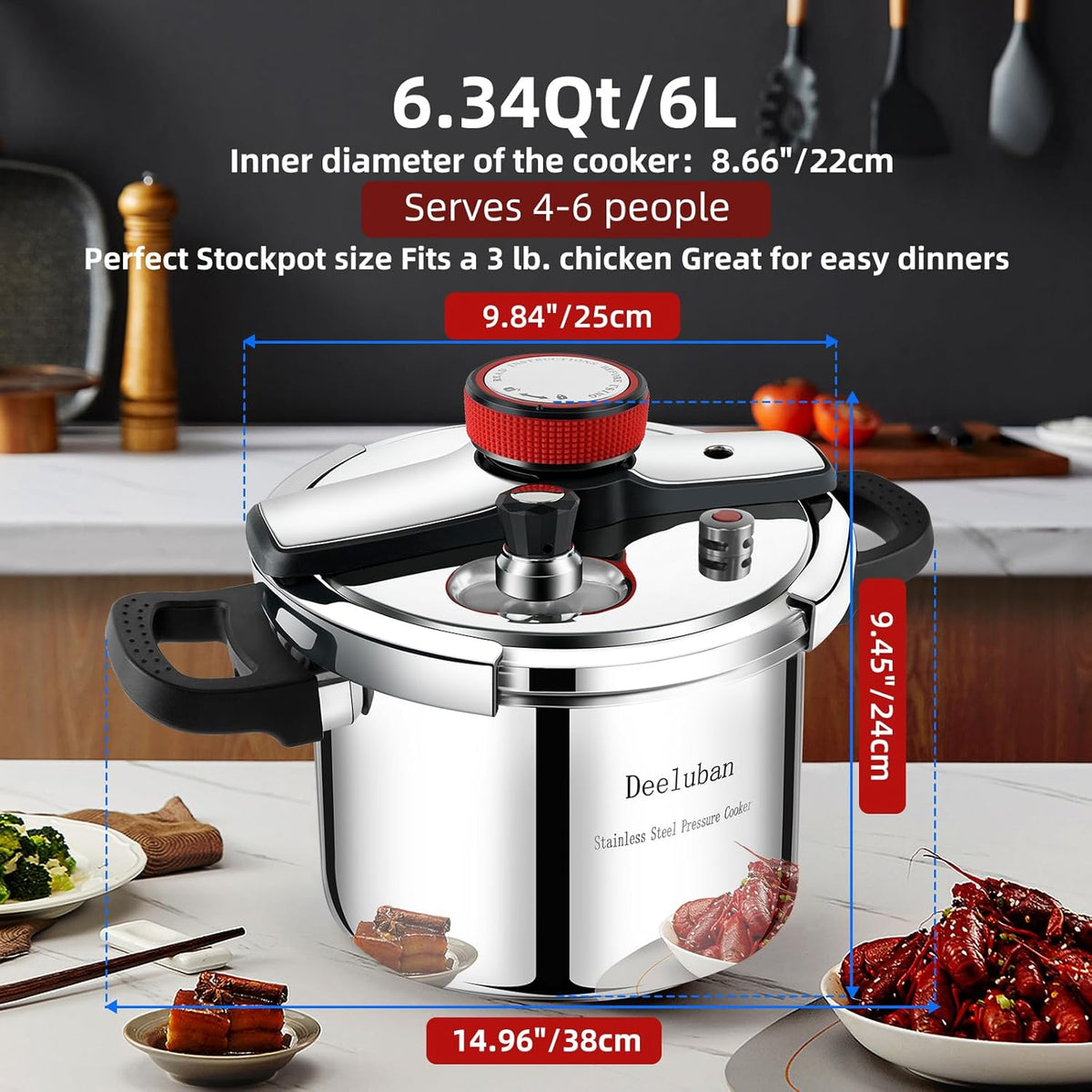 6.3 QT Pressure Cooker, 304 Stainless Steel - Explosion-Proof Lock, One Hand Operation, Fast Cooking, Dishwasher Safe & Induction Compatible, Family Size Cookware
