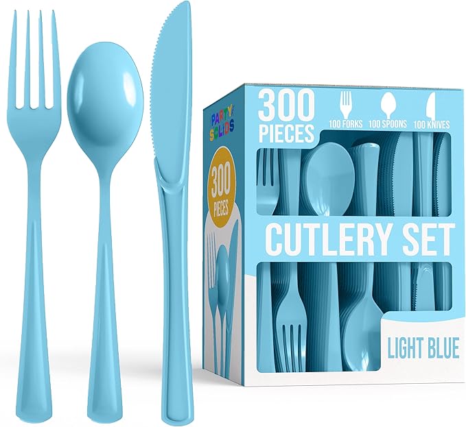 Party Solids Light Blue Plastic Silverware Heavy Duty 300 Pcs Light Blue Plastic Cutlery Sets, Utensil Sets, 100 Of Each Forks, Knives & Spoons Disposable Cutlery Set, Flatware Set For Party Supplies