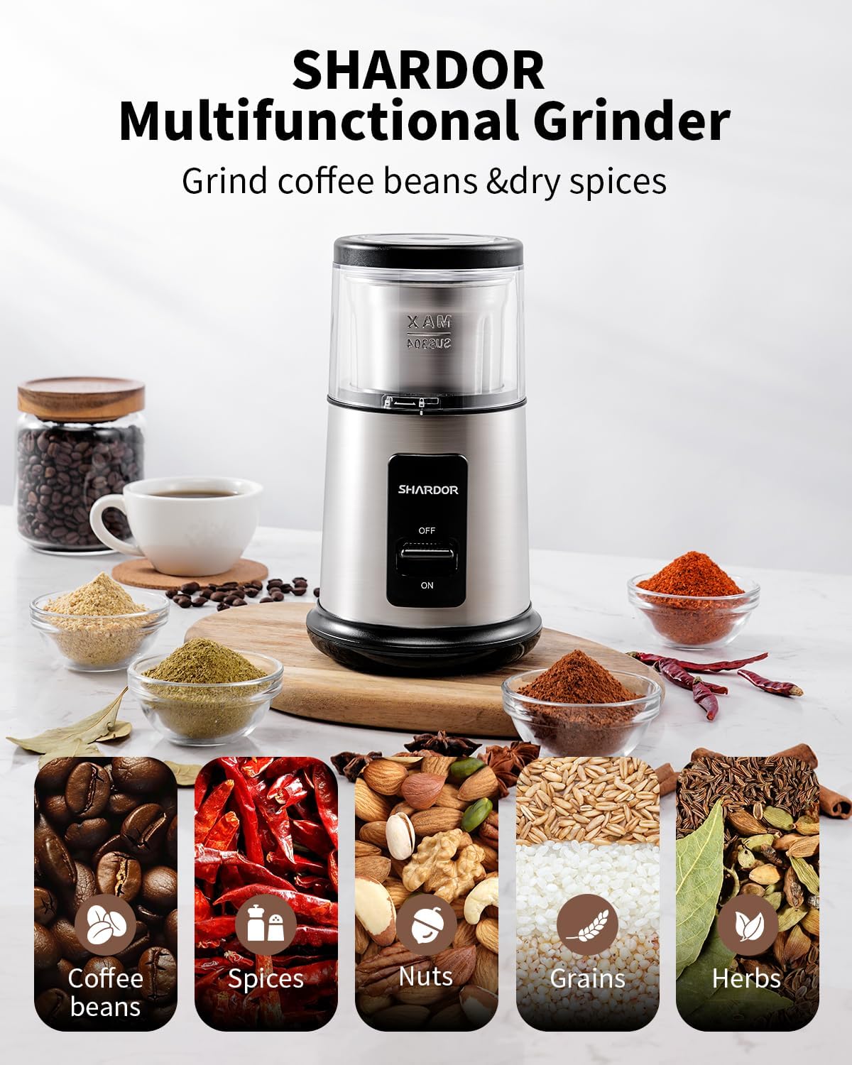 SHARDOR One Touch Coffee Grinder Electric, Spice, Herb, For Coffee Bean Spices and Seeds with 1 Removable Stainless Steel Bowl, Dry Grinder, Silver
