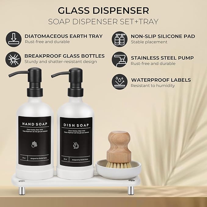 [Luxury] Kitchen Soap Dispenser Set - 16OZ White Glass Bottle, Stainless Steel Pump, Instant Dry Tray, Waterproof Labels, Non-Slip Silicone Pad, and Dish Brush | Upgrade for Your Kitchen and Bathroom