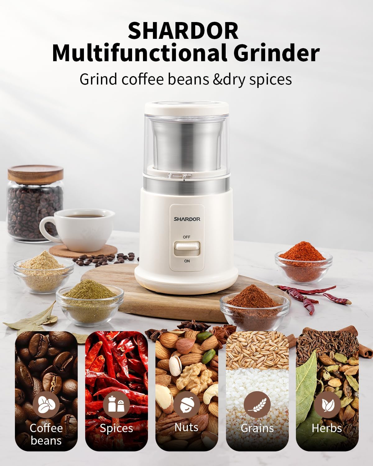 SHARDOR One Touch Coffee Grinder Electric, Spice, Herb, For Coffee Bean Spices and Seeds with 1 Removable Stainless Steel Bowl, Dry Grinder, White