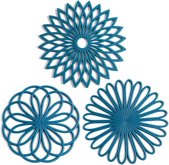Set of 3 Silicone Trivet Mat - Table & Countertop Hot Pads - Non-Slip & Heat Resistant Modern Kitchen Pads for Pots & Pans, Teal
